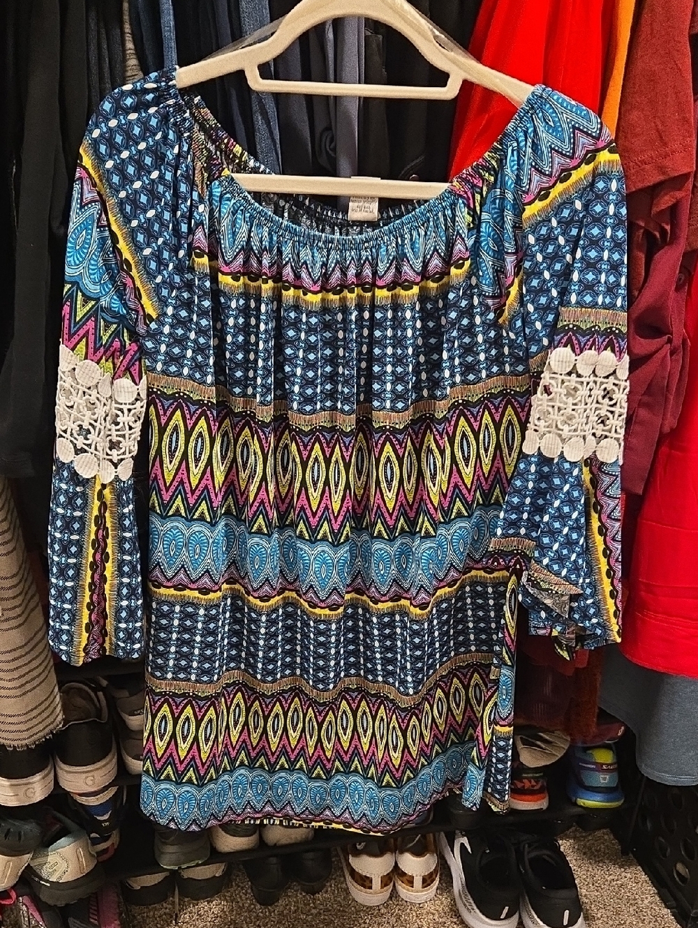 WinWin Multicolor Boho Off-Shoulder Blouse with Crochet Detail